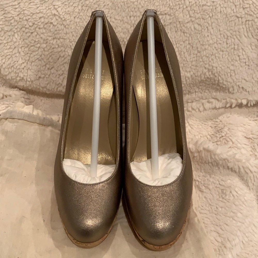 Stuart Weitzman Corkswoon Metallic Bronze Leather Cork Wedge Heel 6